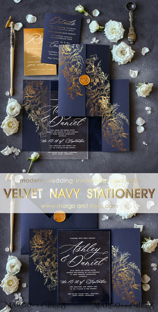 WEDDING INVITATIONS gold / rose gold / silver / glitter Navy blue Velvet Wedding Invitations, Moody Luxury Wedding Invitation Suite, Clear Wedding Card with Wax seal 03/velakryl/z