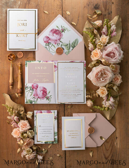 WEDDING INVITATIONS gold / rose gold / silver / glitter Luxory gold Wedding Invitations, Vinatge Roses Elegant Wedding Stationery, Pocket Fold Pink Elegant Wedding Invitations Suite 01/botGLAM/z