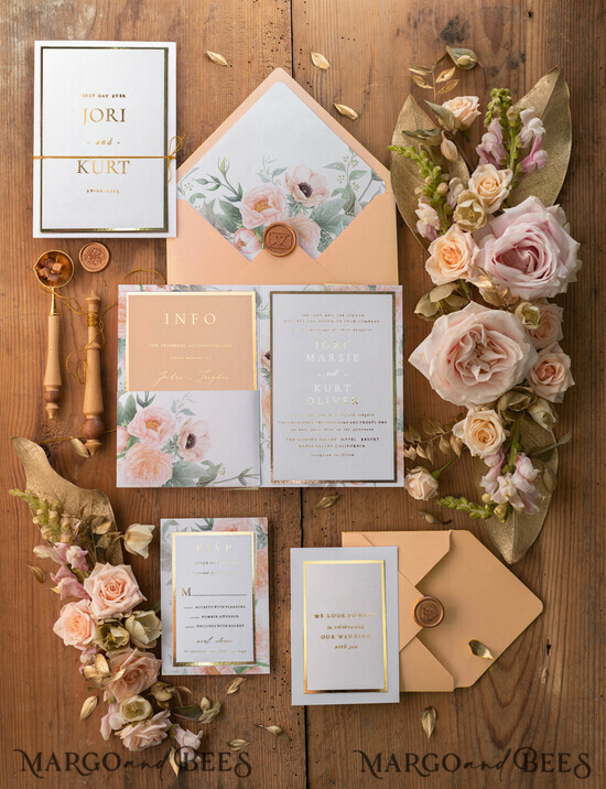 WEDDING INVITATIONS gold / rose gold / silver / glitter Luxury Peach Wedding Invitations, Flowers Elegant Wedding Stationery, Pocket Fold Peach Elegant Wedding Invitations Suite 03/botGLAM/z