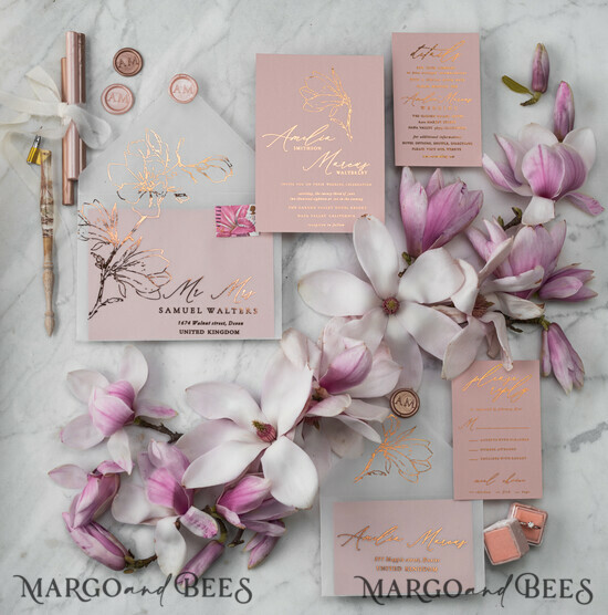 WEDDING INVITATIONS gold / rose gold / silver / glitter Spring Magnolia Flowers wedding invitations, Gold Vellum Wedding Invitation Suite, Pink Sakura Wedding Stationery 3/goldletter/z