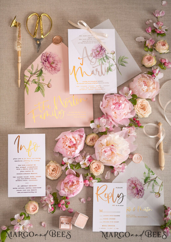 WEDDING INVITATIONS gold / rose gold / silver / glitter Peony Rose Gold wedding invitations, Blush Roses Vellum Wedding Invites, Luxory Peonies Wedding Cards 13/goldkal/z