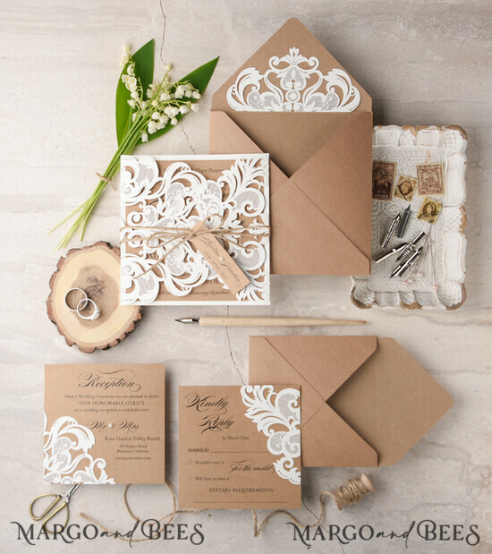 WEDDING INVITATIONS lasercut / engraved/ embossed Laser cut Wedding invitations suite, lace Rustic wedding invitation set, rustical wedding invites, eco rustic weding cards 01/LuctC/z