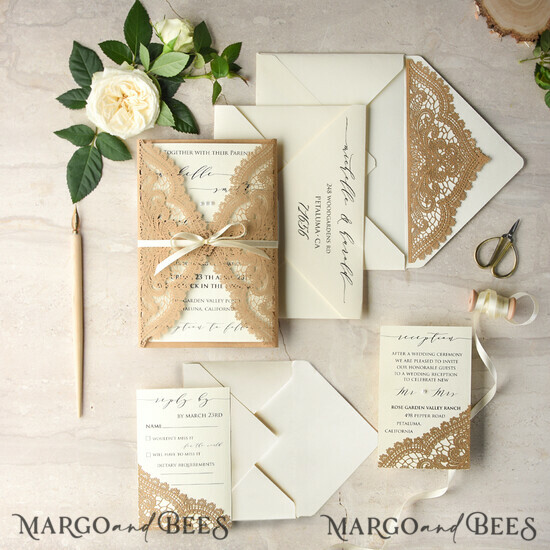 WEDDING INVITATIONS lasercut Elegant Wedding invitations suite, lace Rustic wedding invitation set, rustical wedding invites, eco rustic weding cards 01/lCN/z