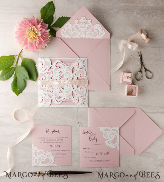 WEDDING INVITATIONS lasercut / engraved/ embossed Elegant Wedding invitations suite, lace Blush Pink wedding invitation set, Pink Cheap wedding invites, eco rustic weding cards 10/LuctGG/z