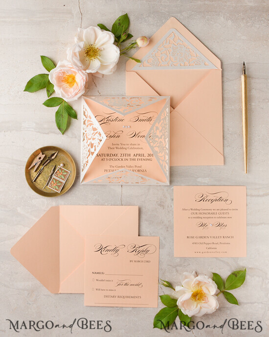WEDDING INVITATIONS lasercut / engraved/ embossed Elegant Wedding invitations suite, Peach wedding invitation set, Peach Cheap wedding invites, eco rustic weding cards 12/LcutG/z