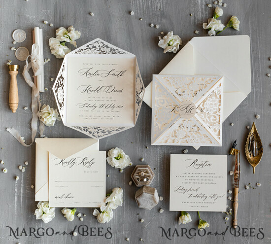 WEDDING INVITATIONS lasercut / engraved/ embossed Laser Cut wedding invitation set, Elegant wedding stationery, Ivory Wedding invitations handmade, Laser cut Pocket Wedding Invitation, Luxury lace wedding invitation set, Laser cut Wedding Invitation 12/Lcut/z