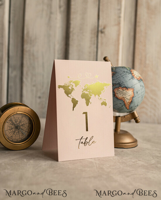TABLE DECOR SIGNS Beach/marine/ Destionation Wedding Theme Gold Travel Passport Wedding Table Number – blush pink Luxury Tent Card, ivory wedding stationery, tent table numbers 01/passFg/tn25