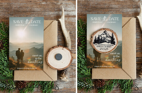 SAVE THE DATES beach travel magnets Personalised Forest mountains Save the Date Magnets and Card, Travel Wedding Save Our Dates , forest Wooden slice magnets 07/MSLph/std