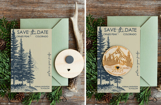 SAVE THE DATES beach travel magnets Personalised Forest mountains Save the Date Magnets and Card, Travel Wedding Save Our Dates , forest Wooden slice magnets 08/MSLph/std