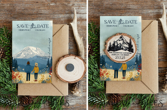 SAVE THE DATES beach travel magnets Personalised Forest mountains Save the Date Magnets and Card, Travel Wedding Save Our Dates , forest Wooden slice magnets 10/MSLph/std