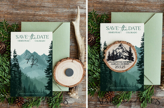 SAVE THE DATES beach travel magnets Personalised Forest mountains Save the Date Magnets and Card, Travel Wedding Save Our Dates , forest Wooden slice magnets 09/MSLph/std