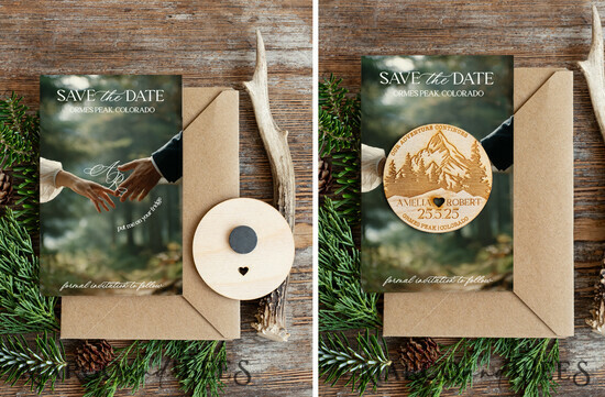 SAVE THE DATES beach travel magnets Personalised Forest mountains Save the Date Magnets and Card, Travel Wedding Save Our Dates , forest Wooden slice magnets 06/MSLph/std