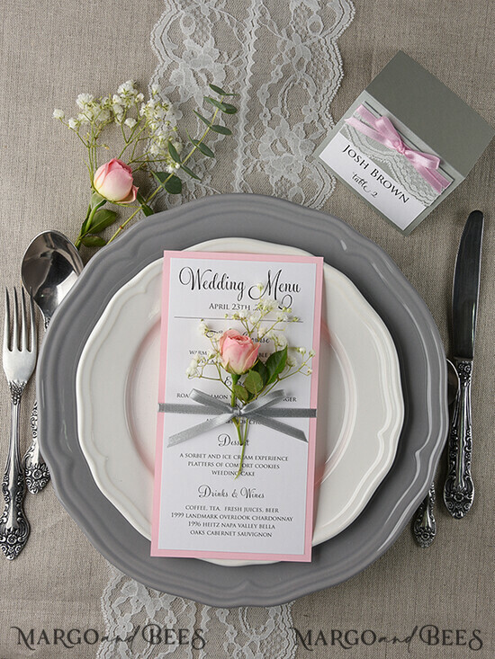 MENU & PROGRAMS rustic and lace Glamour Blush Pink Wedding Menu, Romantic Minimalist Dinner menu with Ribbon, Elegant Simple Party Table Menu, Modern Chic White And Pink Wedding Menu Card 02/ruw/M