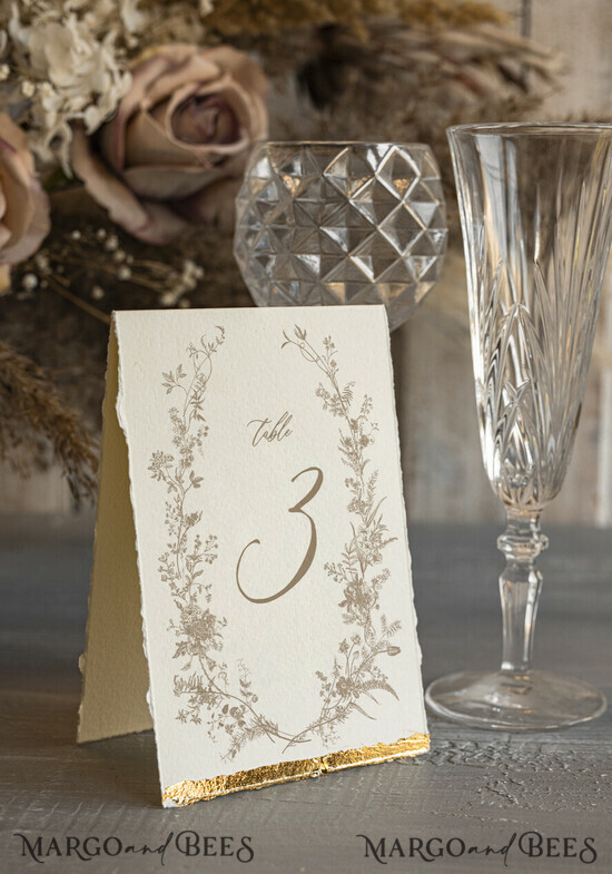 TABLE DECOR SIGNS glitter Elegant Hand Torn Edge with gold foil border Wedding Table Number – Luxury Ivory Tent Card 18/Desu/tn25