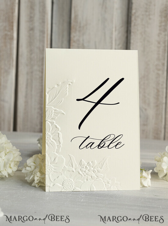 TABLE DECOR SIGNS glitter Elegant Wedding Table Number Card with Embossed Floral Design – Ivory Textured Paper, Folded Tent Style, Classic Font, Luxury Reception Decor 01/em3DRW/tn25