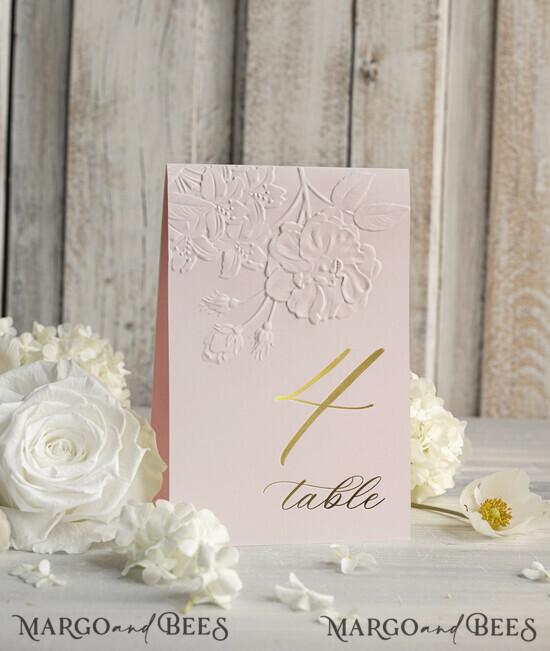 TABLE DECOR SIGNS glitter Elegant Gold Wedding Table Number Card with Embossed Floral Design,blush pink Textured Paper, Folded Tent Style, Classic Font, Luxury Reception Decor 01/FMNchk/tn25