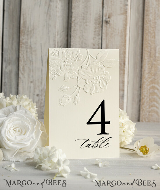 TABLE DECOR SIGNS glitter Elegant Wedding Table Number Card with Embossed Floral Design – Ivory Textured Paper, Folded Tent Style, Classic Font, Luxury Reception Decor 01/emb/tn25