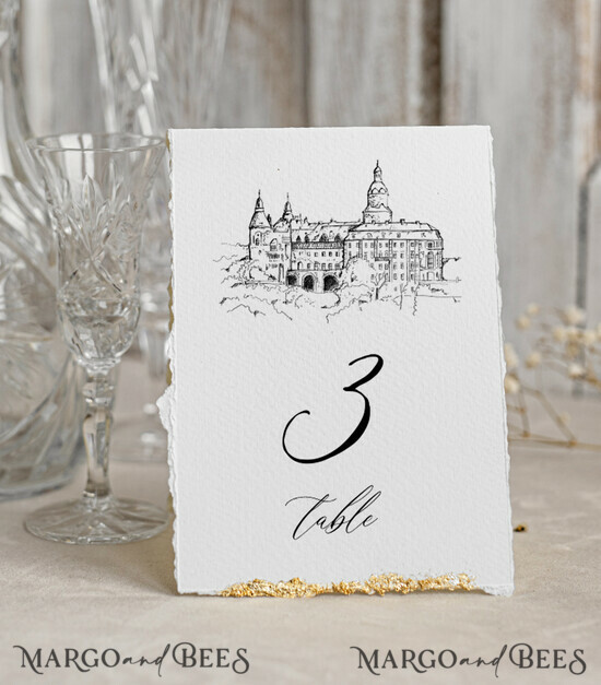 TABLE DECOR SIGNS glitter Elegant Venue sketch Table Number, Hand Torn Edge with gold foil border Wedding Table Number – Luxury Ivory Tent Card 22/Desu/tn25