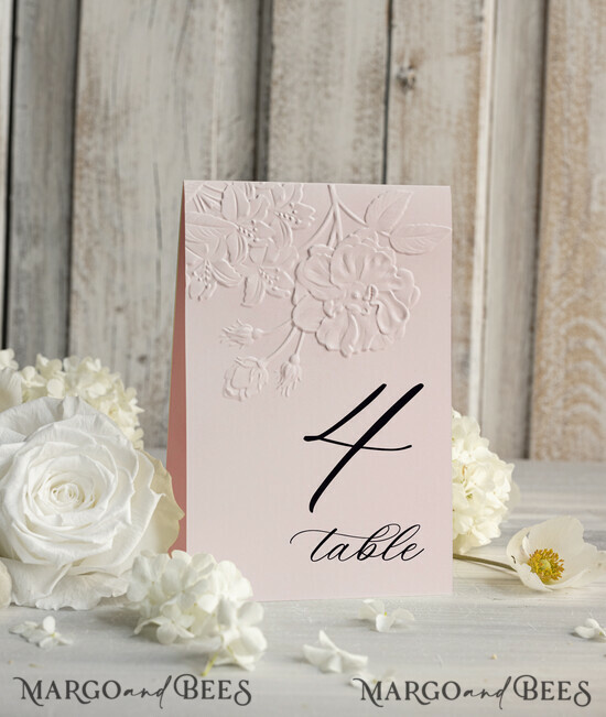TABLE DECOR SIGNS glitter Elegant Wedding Table Number Card with Embossed Floral Design Blush Pink Textured Paper, Folded Tent Style, Classic Font, Luxury Reception Decor 01/Emrosrw/tn25