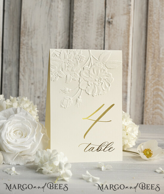 TABLE DECOR SIGNS glitter Elegant Gold Wedding Table Number Card with Embossed Floral Design, Ivory Textured Paper, Folded Tent Style, Classic Font, Luxury Reception Decor 01/EmrosrwZl/tn25