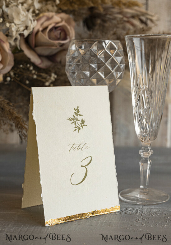TABLE DECOR SIGNS glitter Elegant Hand Torn Edge with gold foil border Wedding Table Number – Luxury Ivory Tent Card 24/Desu/tn25