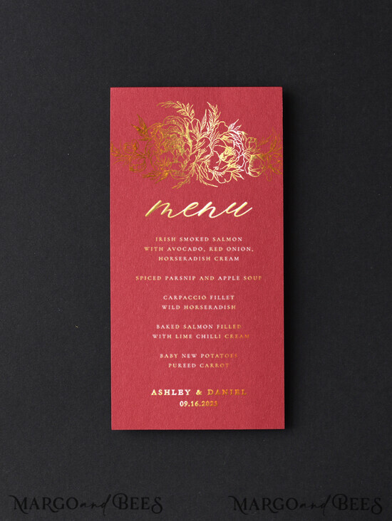 MENU & PROGRAMS glitter/ luxury premium Elegant Burgundy And Gold Wedding Menu, Glamour Gold Foil Dinner Menu With Velvet Belly Band, Unique Luxury Marsala Menu, Modern Wedding Menu Cards With Florals 01/velakrylB/m