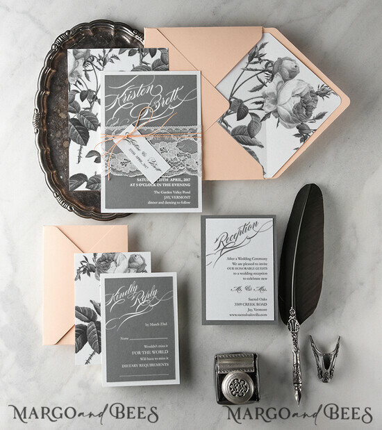 WEDDING INVITATIONS Modern Invites Floral Cards Elegant Wedding Invitations Real Lace Invites Personalized Garden Roses peach and grey Stationery 01/BCCG/z