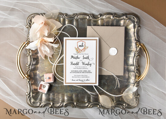 WEDDING INVITATIONS Modern Invites Floral Cards Vintage Wedding Invitations Boho Crest Stationery with Craft paper and Wax Seal Floral Envelope liner 01/TAR/z