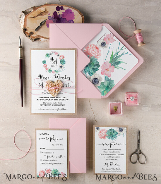 WEDDING INVITATIONS Modern Invites Floral Cards Romantic Wedding Invitations Monogram wearth Invites Personalized succulents and anemones pink Stationery 001/WN/z
