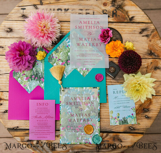 WEDDING INVITATIONS Modern Invites Floral Cards Colorful wedding invitations, teal wedding invitations, pink wedding invitations, bright pink, bright pink cards, vellum paper, vellum wedding invitations, pink lettering, gold tassel, golden tassel, cactus wedding invitations, cactus cards, cactus stationery, cactus envelope liner, unique colors, mexican wedding invitations, mexican wedding, mexican style wedding invitations, flower blossom, destination wedding, destination wedding invitations 01/mexico/z