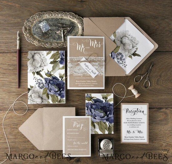 WEDDING INVITATIONS Modern Invites Floral Cards Rustic Wedding Invitations Real Lace Invites Personalize Blue and Craft Stationery 04/BBC/z