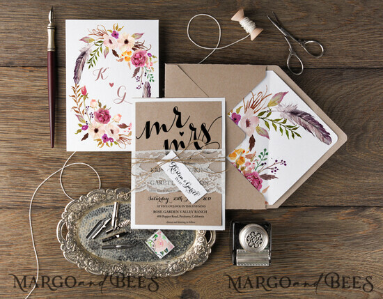 WEDDING INVITATIONS Modern Invites Floral Cards Boho Romantic Wedding Invitations Real Lace Invites Personalized garden pink wreath Stationery 04/BCC/z