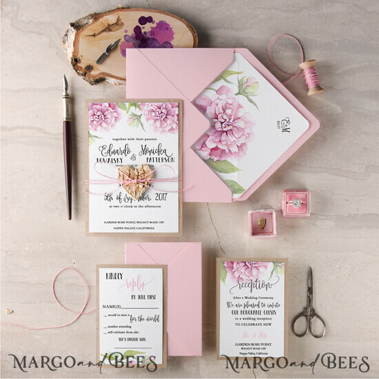 WEDDING INVITATIONS Modern Invites Floral Cards Romantic Wedding Invitations Real wood heart Invites Personalized Peony pink Stationery 04/WN/Z
