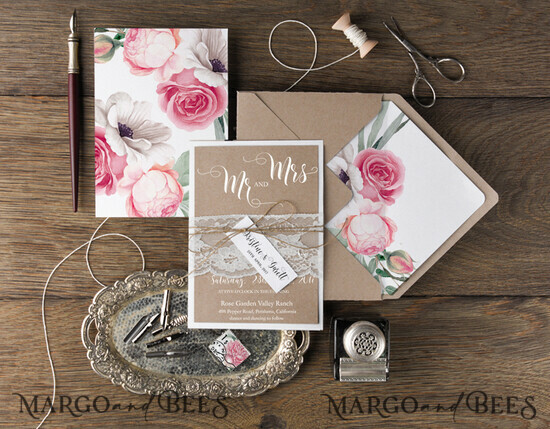 WEDDING INVITATIONS Modern Invites Floral Cards Floral Wedding Invitations Real Lace Invites Personalized garden roses Craft Stationery 05/BBC/z