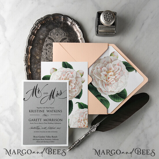 WEDDING INVITATIONS Modern Invites Floral Cards Romantic Wedding Invitations Real Lace Invites Personalized magnolia peach and grey Stationery 06/BCCG/z