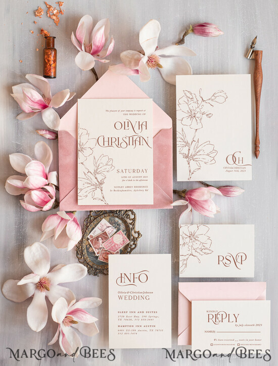 WEDDING INVITATIONS Modern Invites Floral Cards Elegant Blush Pink Velvet Wedding Invitations velvet envelope, Luxury Wedding Invitation Suite, Romantic Vintage Wedding Cards, 01/velmag/z