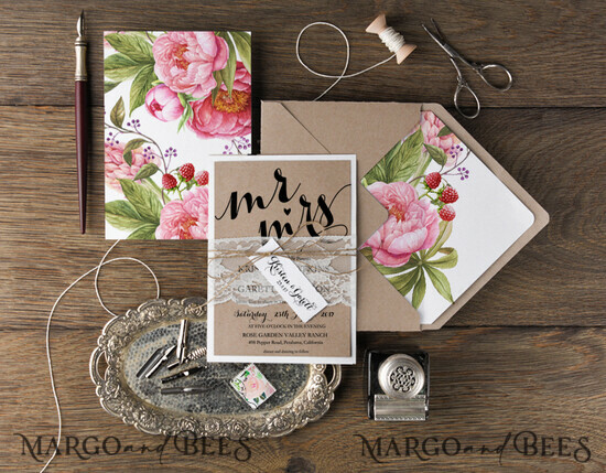WEDDING INVITATIONS Modern Invites Floral Cards Rustic Wedding Invitations Real Lace Invites Personalized Peony Stationery 07/BBC/z
