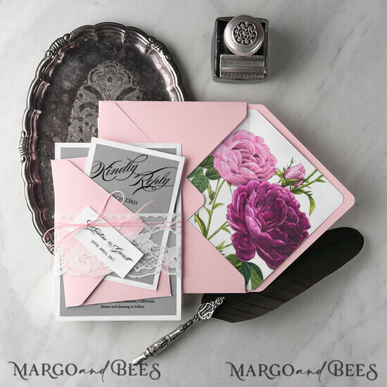 WEDDING INVITATIONS Modern Invites Floral Cards Elegant Wedding Invitations Real Lace Invites Personalized garden roses pink and grey Stationery 07/BCCG/z