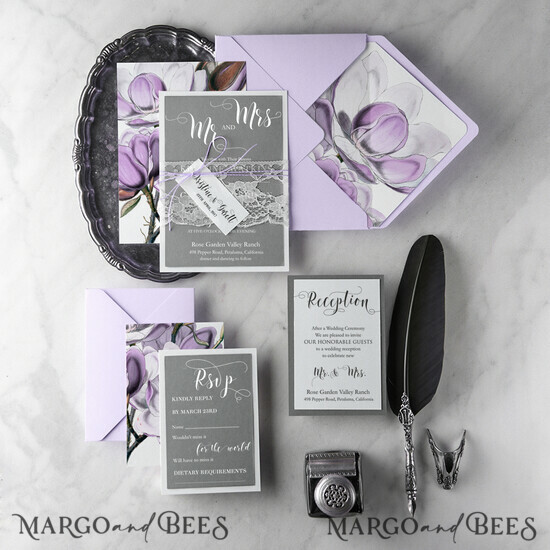 WEDDING INVITATIONS Modern Invites Floral Cards Romantic Wedding Invitations Real Lace Invites Personalized magnolia purple and grey Stationery 08/BCCG/z