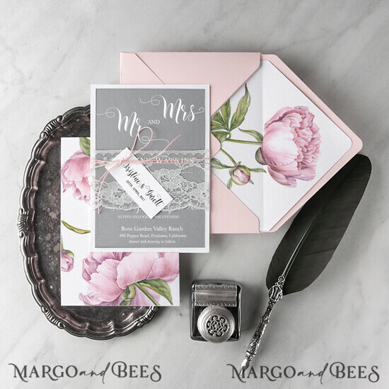 WEDDING INVITATIONS Modern Invites Floral Cards Romantic Wedding Invitations Real Lace Invites Personalized Pink stationery 09/BBCG/Z
