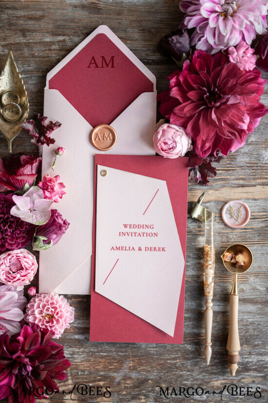 WEDDING INVITATIONS Modern Invites Floral Cards Geometric wedding invitations, geometric cards, marsala wedding invitations, blush pink wedding invitations, red and blush pink wedding invitations, geometrical design, red wedding invitations, blush pink envelope, red envelope liner, red lettering, blush pink and red wedding invitations, pink and red wedding invitations, geometric stationery, geometric accessories, red wedding stationery, pink wedding stationery, pink wedding accessories 02/geom/z