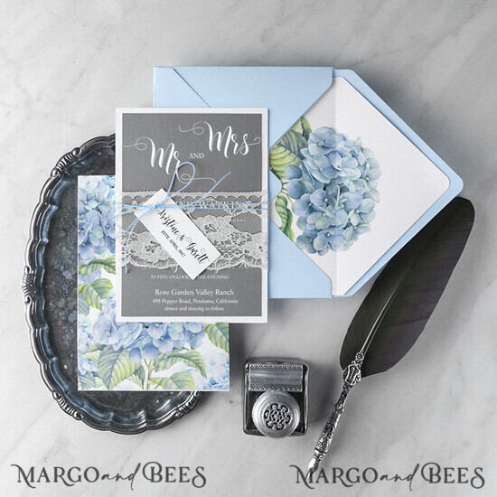 WEDDING INVITATIONS Modern Invites Floral Cards Romantic Wedding Invitations Real Lace Invites Personalized Blue Stationery 11/BBCG/z
