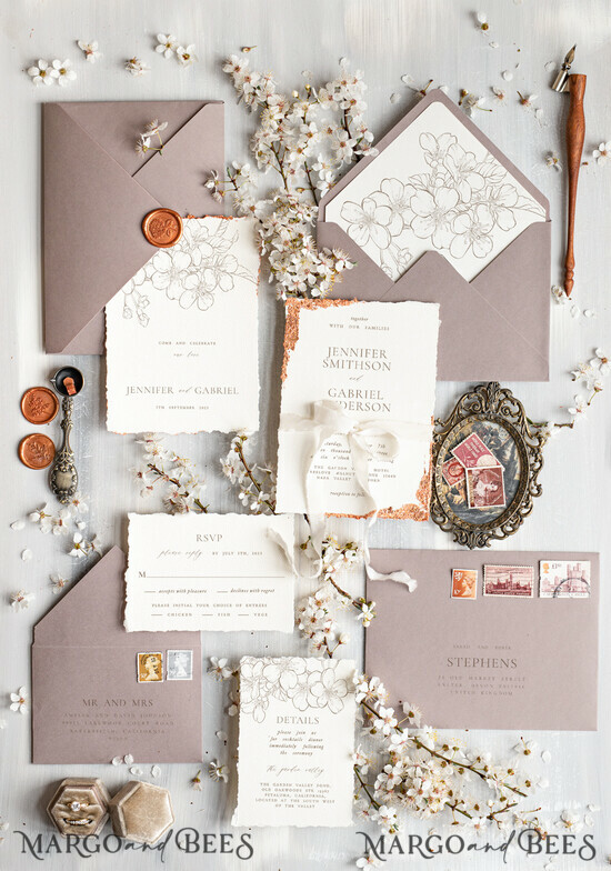 WEDDING INVITATIONS Modern Invites Floral Cards Luxury wedding invitation satin ribbon, Elegant wedding invitations, Fine Art Wedding Invitation Suite , Golden deckled edge paper wedding Invites 03/splWSgold/z