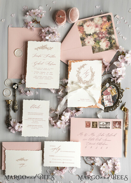 WEDDING INVITATIONS Modern Invites Floral Cards Personalised wedding invitation velvet ribbon, Elegant wedding invitations, Fine Art Wedding Invitation Suite, Golden deckled edge paper wedding Invites 07/splWSgold/z