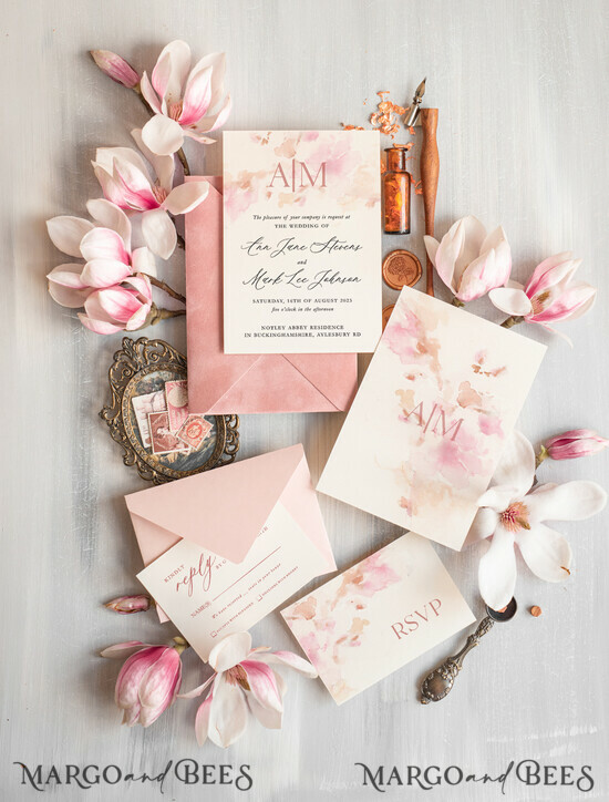 WEDDING INVITATIONS Modern Invites Floral Cards Wedding invitations custom, Elegant Blush Pink Velvet Wedding Invitations velvet envelope, Luxury Wedding Invitation Suite, Romantic Vintage Wedding Cards, 02/velmag/z