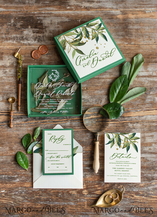 WEDDING INVITATIONS Modern Invites Floral Cards Olives Box TravelWedding invitations, Acrylic Simple wedding invitation Suite • Romantic Wedding Stationery • Luxury wedding Invites 1/leafbox/z