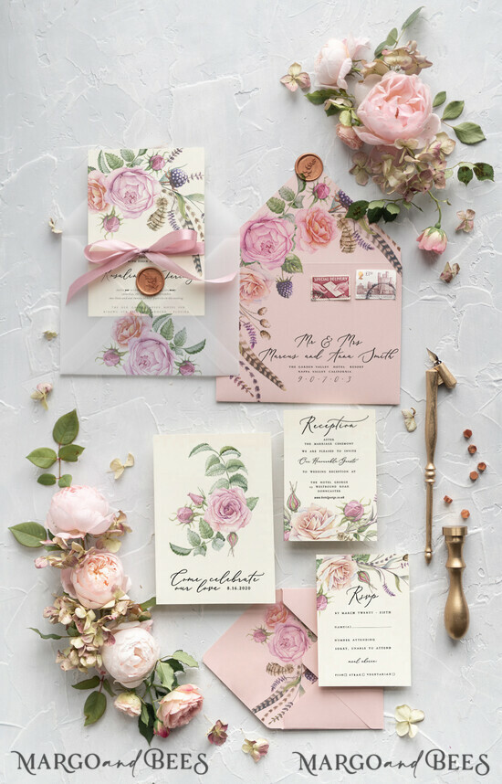 WEDDING INVITATIONS Modern Invites Floral Cards Floral wedding invitations, floral wedding accessories, floral wedding stationery, calligraphy, rose wedding invitations, garden rose, garden roses, garden roses wedding invitations, feather wedding invitations, feather design, feather illustration, peony wedding invitations, peony wedding cards, forest fruit, forest fruit wedding invitations, blush pink wedding invitations, ecru wedding invitations, romantic wedding invitations, floral wedding cards, vellum envelope, pink bow 6/GREENPI/Z