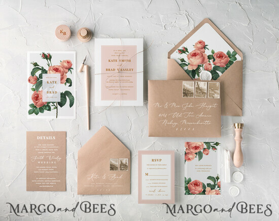 WEDDING INVITATIONS Modern Invites Floral Cards Geometric Peach Wedding Invitations Vintage Garden Roses Invites Cheap Stationery with Belly Band and Craft Envelope Liner 01/BBN/z