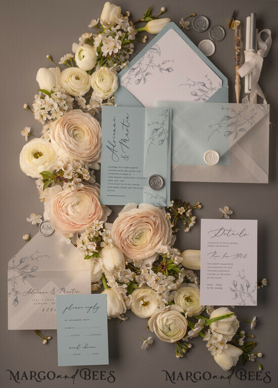 WEDDING INVITATIONS Modern Invites Floral Cards Dusty blue wedding invitations, dusty blue wedding, dusty blue wedding inspiration, dusty blue wedding stationery, dusty blue wedding cards, dusty blue and white wedding invitations, floral wedding invitations, romantic wedding invitations, custom wedding invitations, belly band, white wedding invitations, floral wedding cards, floral envelope liner, vellum envelope, vellum paper, elegant wedding invitations 01/kal/z