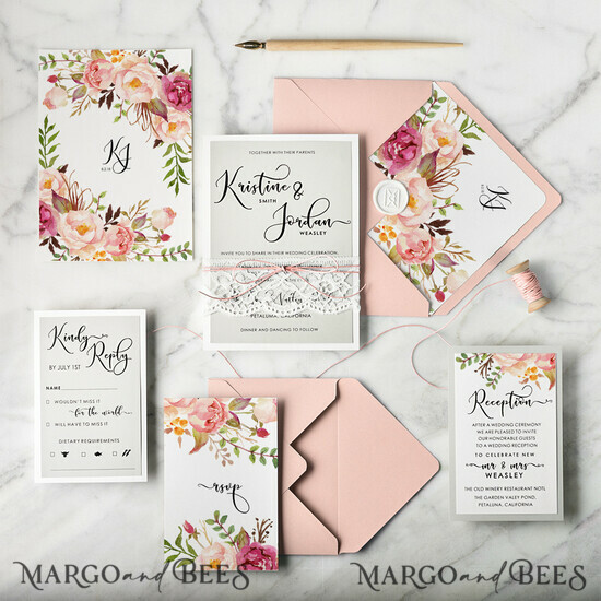 WEDDING INVITATIONS Modern Invites Floral Cards Boho Wedding Invitations Peach and Pink Cheap Stationery Twine and Lace 07/BBCG/z